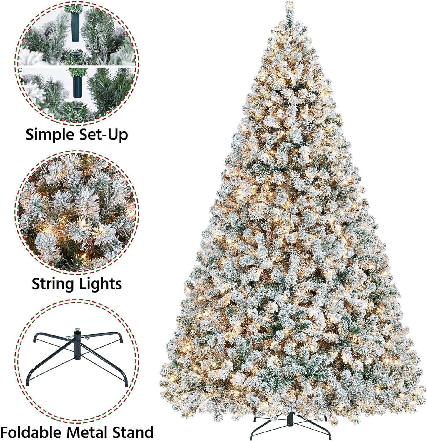 9Ft Pre-Lit Artificial Christmas Tree with Incandescent Warm White Lights, Snow Flocked Full Prelighted Xmas Tree W/2084 Branch Tips, 900 Incandescent Lights & Foldable Stand, Green & White